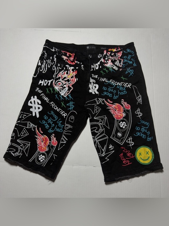 Waimea Other - Men's Black Graphic Jean Shorts with Multicolor Street Art